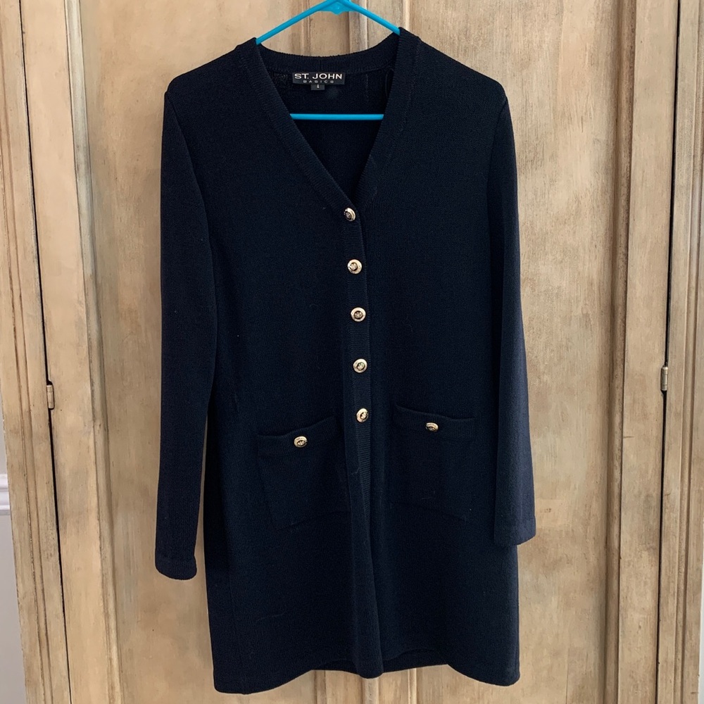 ST JOHN BASICS Black Knit Cardigan With Gold & Black Enamel Buttons SZ 4